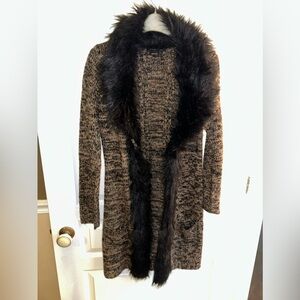 BCBGMaxAzria Brown & Black Faux Fur Trim Long Duster Cardigan. Size small